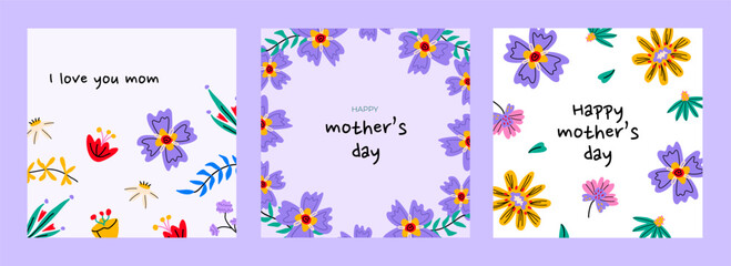 Fototapeta na wymiar Happy Mothers Day. Set of trendy and colorful vector illustrations. Bold abstract flowers. Design templates for card, banner, invitation.