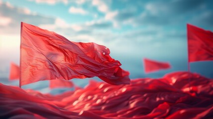 A field of red flags blowing in the wind.