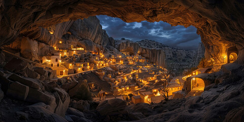 Nighttime Glow Houses Illuminated in Cave Village Under Starry Sky, Captivating Evening Scene in Ancient Settlement
