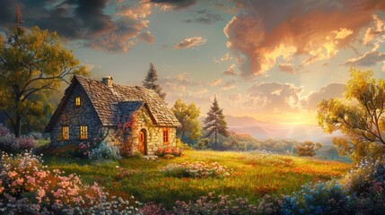 A stone cottage nestled in a vibrant, blooming meadow under a golden sunset, with majestic mountains in the backdrop.
