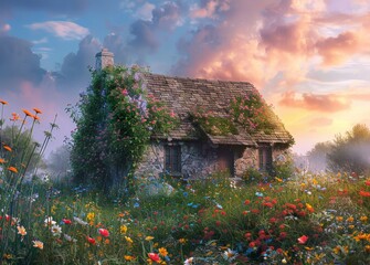 A serene stone cottage, adorned with flowers, nestled in a vibrant meadow under a dramatic sunset sky.