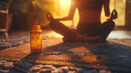 A woman is meditating with a bottle of pills and pills scattered on the floor in front of her. The background is blurry and warm toned. - obrazy, fototapety, plakaty