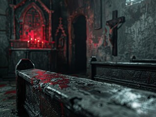 A dark and bloody church with candles and a crucifix - obrazy, fototapety, plakaty