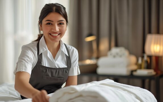 Chambermaid in Uniform Folding Fitted Sheet on Hotel Bed, Hospitality, Cleanliness, Luxury Accommodation.