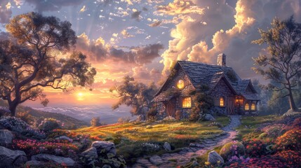 A stone cottage with a thatched roof, nestled amidst lush greenery and blooming flowers, overlooks a breathtaking sunset casting golden hues across the cloudy sky.