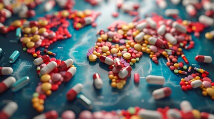 A world map made out of pills and capsules.