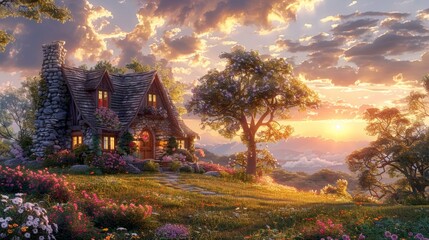 A picturesque stone cottage nestled amidst lush greenery and blooming flowers, under a golden sunset sky, evoking a sense of serene beauty and enchantment. - obrazy, fototapety, plakaty