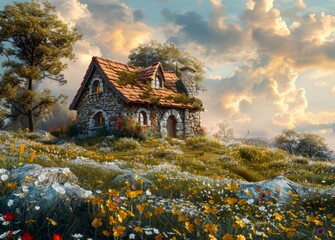 A picturesque stone cottage nestled amidst vibrant wildflowers, under a sky painted with fluffy clouds at sunset.