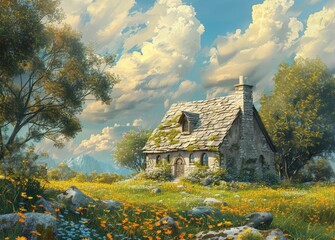 A quaint stone cottage with a thatched roof nestled in a vibrant meadow, framed by lush trees under a sky with fluffy clouds and distant mountains.