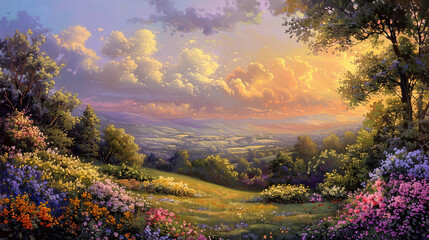 A tranquil sunset over rolling hills adorned with vibrant flowers, framed by lush trees under a golden cloudy sky.