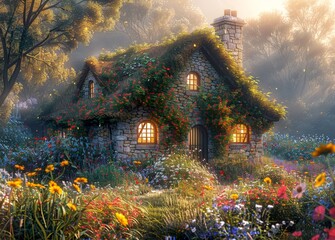 A charming stone cottage, nestled in a vibrant garden, bathed in the soft, golden rays of the morning sun, exuding serene beauty.