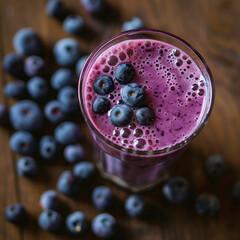blueberry smoothie within glass. in kitchen. Blueberries are scattered around glass