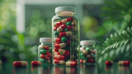 A close-up image of a clear bottle filled with red and green pills, with a blurred background of foliage.