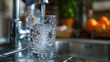 Filling up a glass with clean drinking water from kitchen faucet - obrazy, fototapety, plakaty