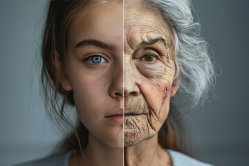 Dual Portraits in Aging Science: Highlighting Age Diversity and Skincare Effectiveness in Aging Treatments.