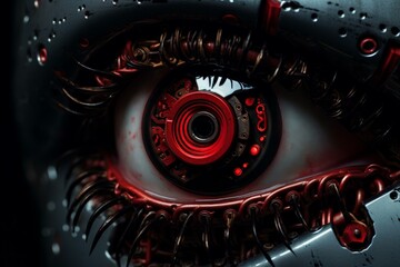 Piercing Robot red eyes. Face skull metal. Generate Ai