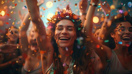 A photo of a young woman at a party, smiling and laughing, with her arms in the air and confetti falling around her. - obrazy, fototapety, plakaty