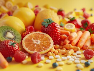 A variety of fruits and vegetables are arranged on a yellow background. The fruits and vegetables are all sources of vitamin C.