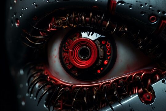 Piercing Robot red eyes. Face skull metal. Generate Ai