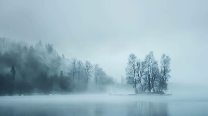 Fototapeta na wymiar Foggy lake with trees in the background. The water is smooth and still. The trees are bare, and the forest is dense. The fog is thick and white.