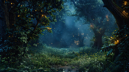 Dark Forest Landscape Painting with Full Moon and Fog