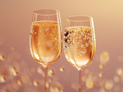 Two champagne glasses with golden bubbles on a beige background.