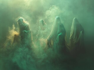 ghosts in white robes in a green mist - obrazy, fototapety, plakaty