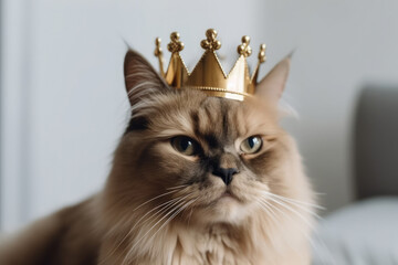 Portrait of fluffy brown beige cat wearing golden crown on his head like a king, laying on the bed. Fashion beauty for pets. Royal pleasure.