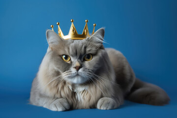 Persian fluffy gray cat wearing golden crown like a king laying on blue solid background. Fashion beauty for pets. Royal pleasure.