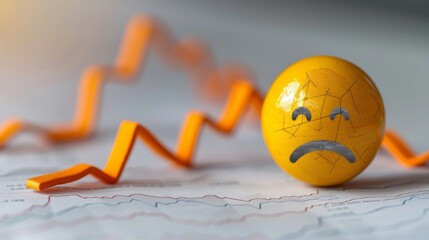 Yellow ball with a sad face lies on a graph that goes down. - obrazy, fototapety, plakaty