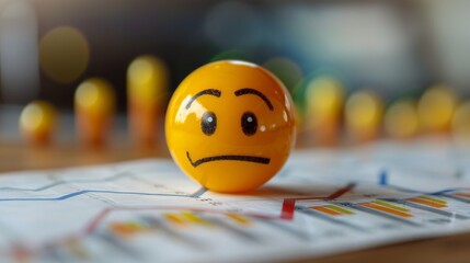 A yellow ball with a sad face sits in front of a chart showing mostly positive numbers. - obrazy, fototapety, plakaty