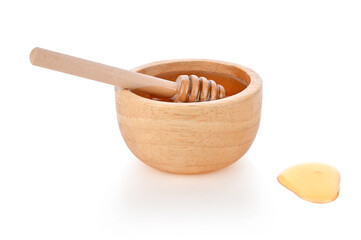 Honey in wooden bowl and honey Dipper isolated on white background.
