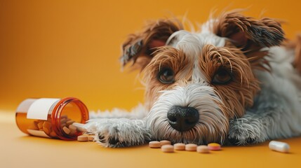 A dog looking sad with a pill bottle and pills spilled in front of him. - obrazy, fototapety, plakaty