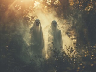 Two ghosts in the woods - obrazy, fototapety, plakaty