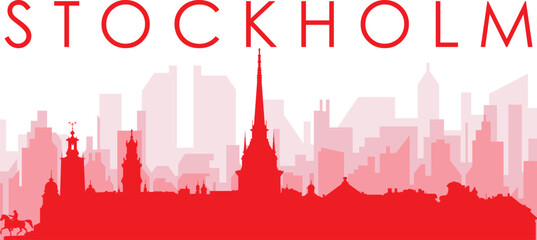 Red panoramic city skyline poster with reddish misty transparent background buildings of STOCKHOLM, SWEDEN