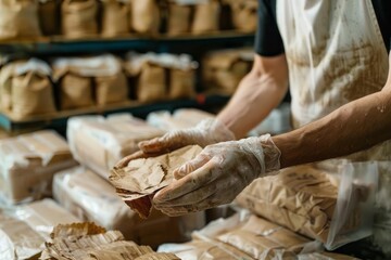 Biodegradable packaging production. Plant-based materials and waste reduction.