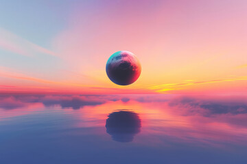serene seascape with abstract floating planet reflecting on water at sunset for peaceful background - obrazy, fototapety, plakaty