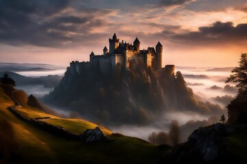 the mystique of an ethereal castle at dawn, shrouded in mist, perched on a hill overlooking a tranquil valley.
