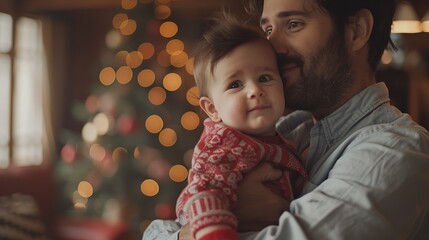 A tender moment between a father and his baby during Christmas time