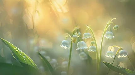 Fototapeten Delicate white lilies of the valley bloom gracefully in the early morning light © 2rogan
