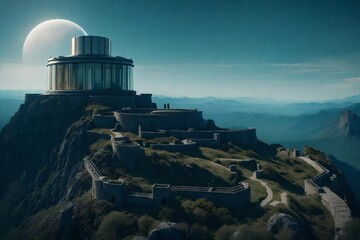 a celestial observatory castle atop a mountain, where each tower is a testament to the wonders of...