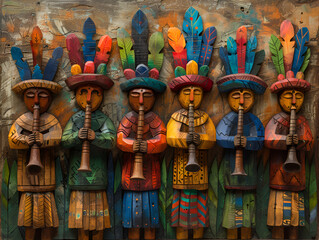 rectangular artwork. group of Inca musicians. style is colourful figures