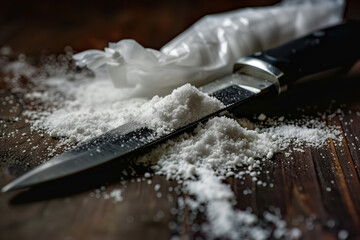 A knife and a handful of cocaine are placed on the table, creating a scene of potential drug use. The sharp object and white powder represent dangers associated with drug addiction and crime - obrazy, fototapety, plakaty