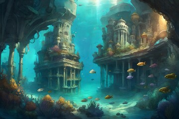 Fototapeta na wymiar an aquatic fortress beneath the waves, where marine life dances around ancient underwater architecture.