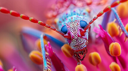 A stunning close-up of a colorful insect with blue eyes and a pink spotted body. - obrazy, fototapety, plakaty