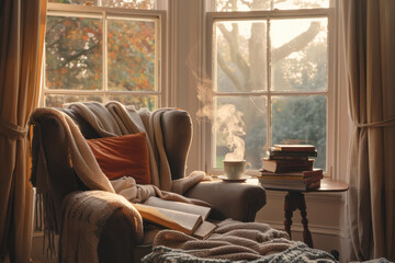 peaceful reading nook with classic books and steaming coffee in rustic home setting - obrazy, fototapety, plakaty