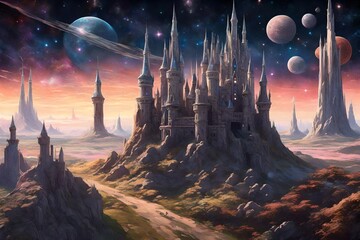 a cosmic castle, where towers shimmer with astral patterns against the backdrop of an interstellar...
