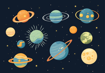 Colorful and vibrant vector illustration of various planets in the solar system set against a dark starry background © NK Project