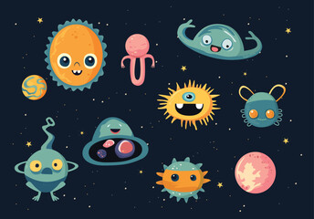 Cute colorful monsters fly in space with stars and planets