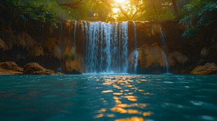 Impressive Sunlit Waterfall in a Turquoise and Gold Jungle